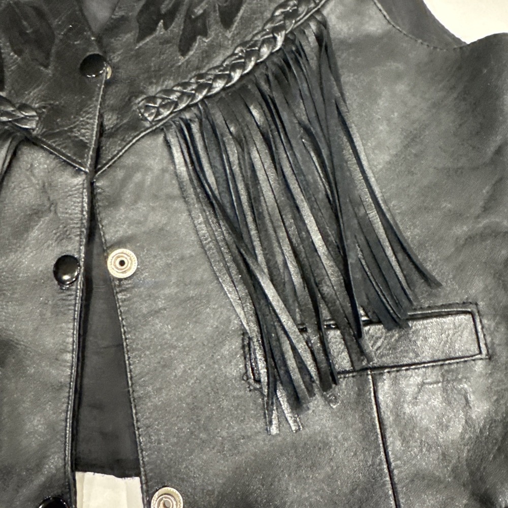 A-1 Leather Biker Vest Size M Fringe Harley Davidson Floral Front Eagle Back - Picture 3 of 8
